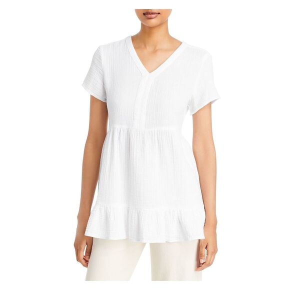 BEACHLUNCHLOUNGE COLLECTION Tops - BEACHLUNCHLOUNGE COLLECTION Womens White Tiered Short Sleeve V Neck Top XS